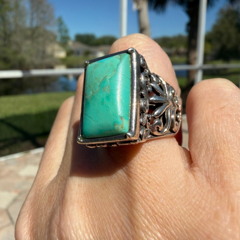 Thai 925 Sterling‎ Silver Turquoise Filigree Statement Ring Size 6.25 Ornate